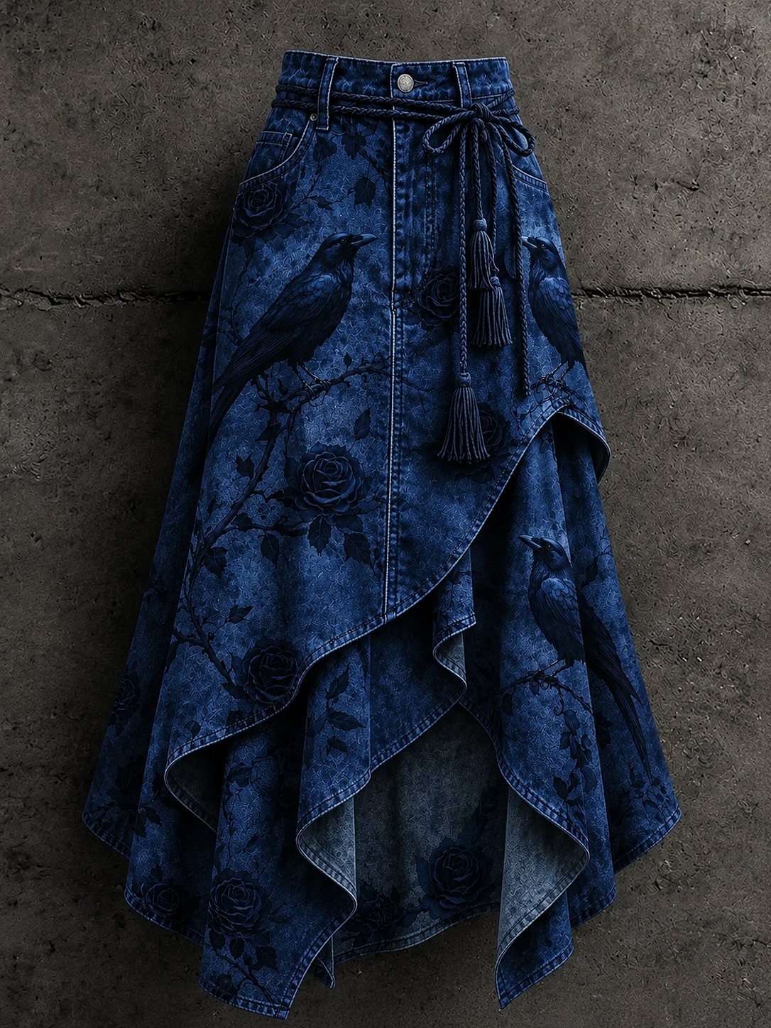 Gothic Raven Art Print Irregularly Layered Stitched Skirt
