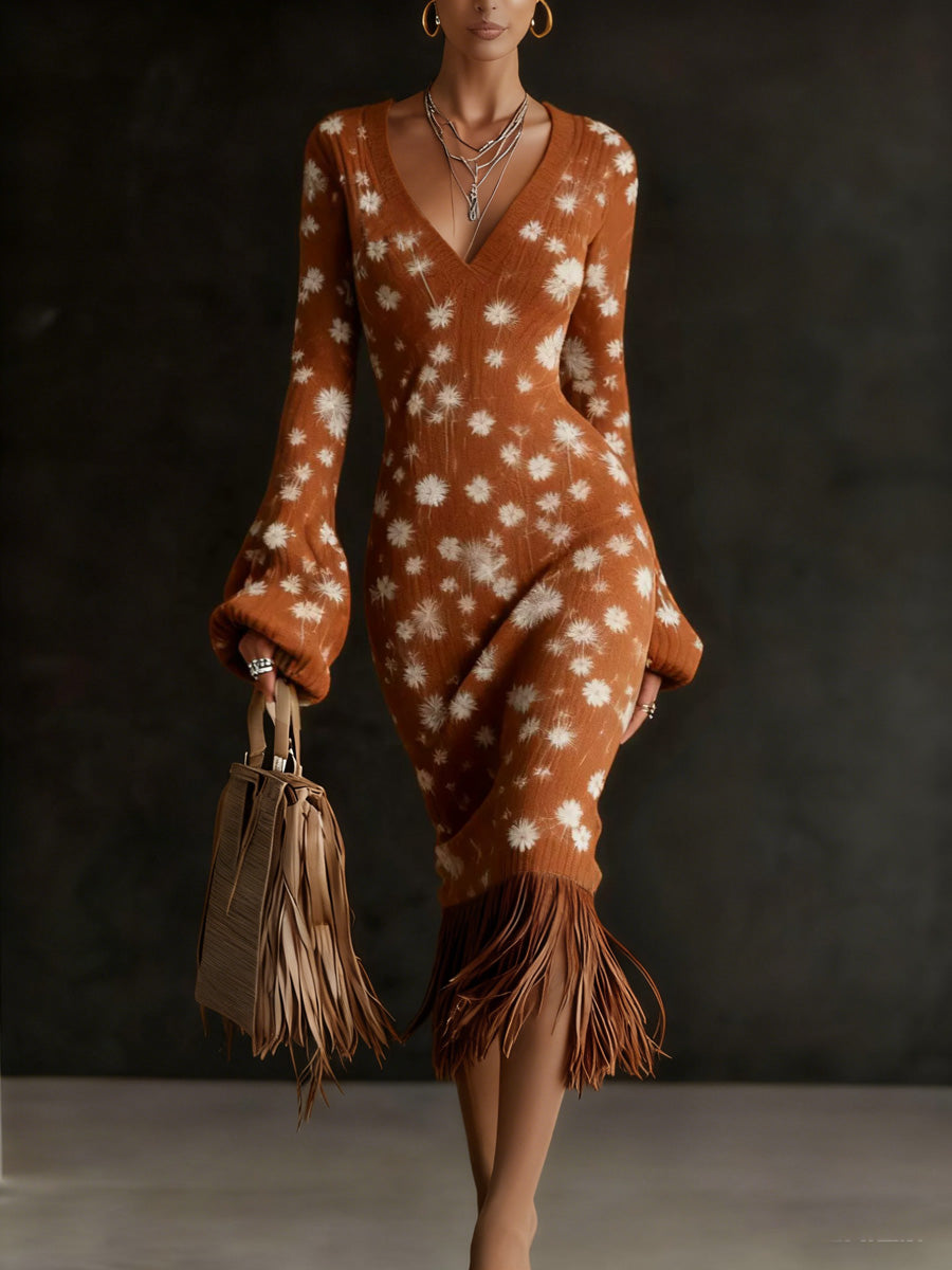 Retro Floral Art Print Vintage V-Neck Pit Striped Knitted Tassels Long-Sleeve Midi Dress
