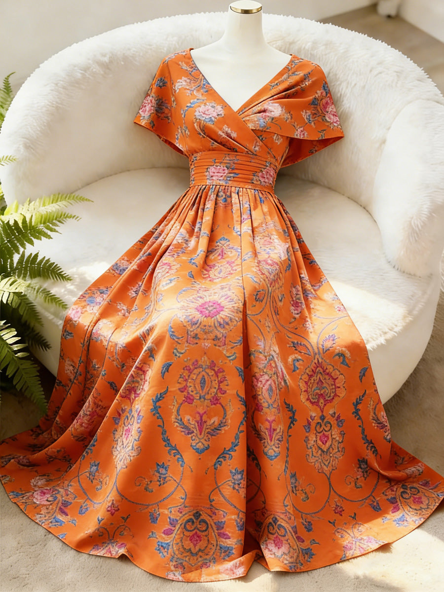 Retro Floral Art Printed Elegant V-Neck Vintage Batwing Short Sleeve Maxi Dress