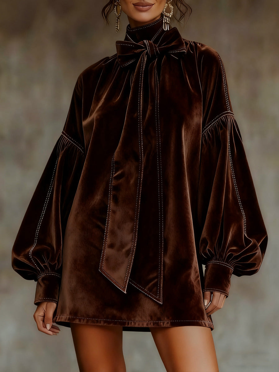 Vintage Velvet Elegant Bow Lantern Sleeves Midi Dress