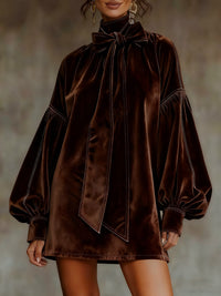 Vintage Velvet Elegant Bow Lantern Sleeves Midi Dress