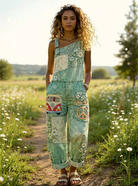 Women's Retro Style Floral Art Print Washed Cotton Denim Patchwork Sleeveless Jumpsuit