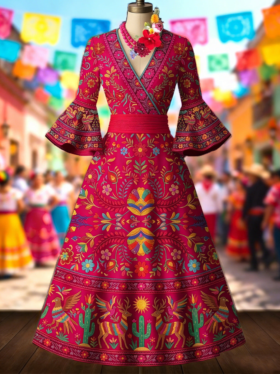 Retro Mexico Floral Art Printed V-Neck Vintage Pleated Waist Flare Sleeve Midi Dress