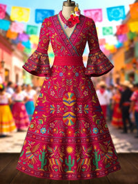 Retro Mexico Floral Art Printed V-Neck Vintage Pleated Waist Flare Sleeve Midi Dress