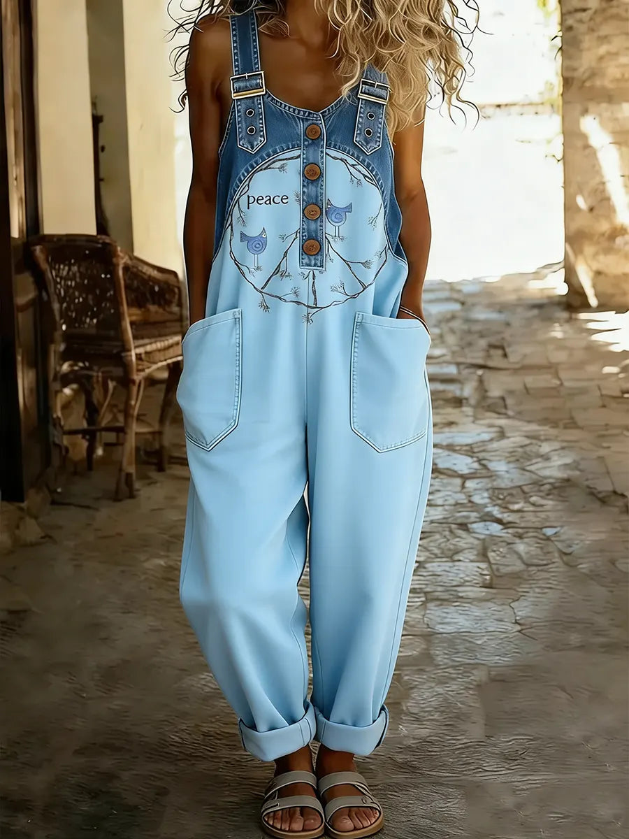 Women's Hippie Peace Bird Art Print Patchwork Jumpsuit