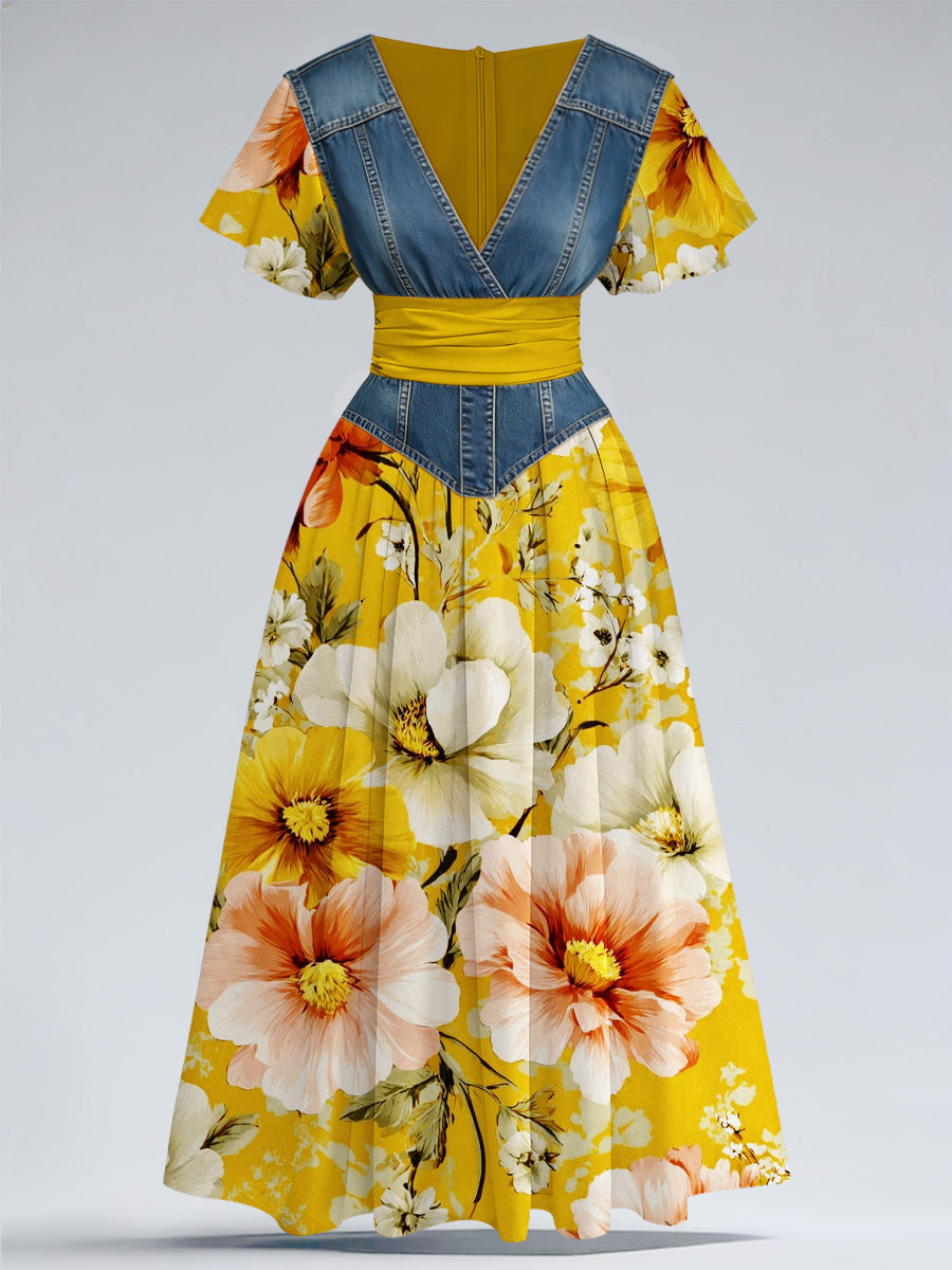 Retro Denim Floral Art Printed Elegant V-Neck Vintage Short Sleeve Maxi Dress
