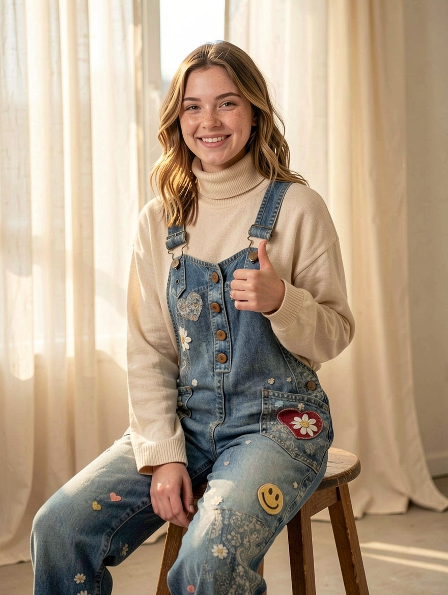 Women's Retro Floral Color-Blocked Art Print Washed Cotton Denim Patchwork Jumpsuit