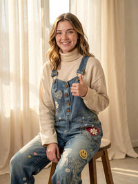 Women's Retro Floral Color-Blocked Art Print Washed Cotton Denim Patchwork Jumpsuit