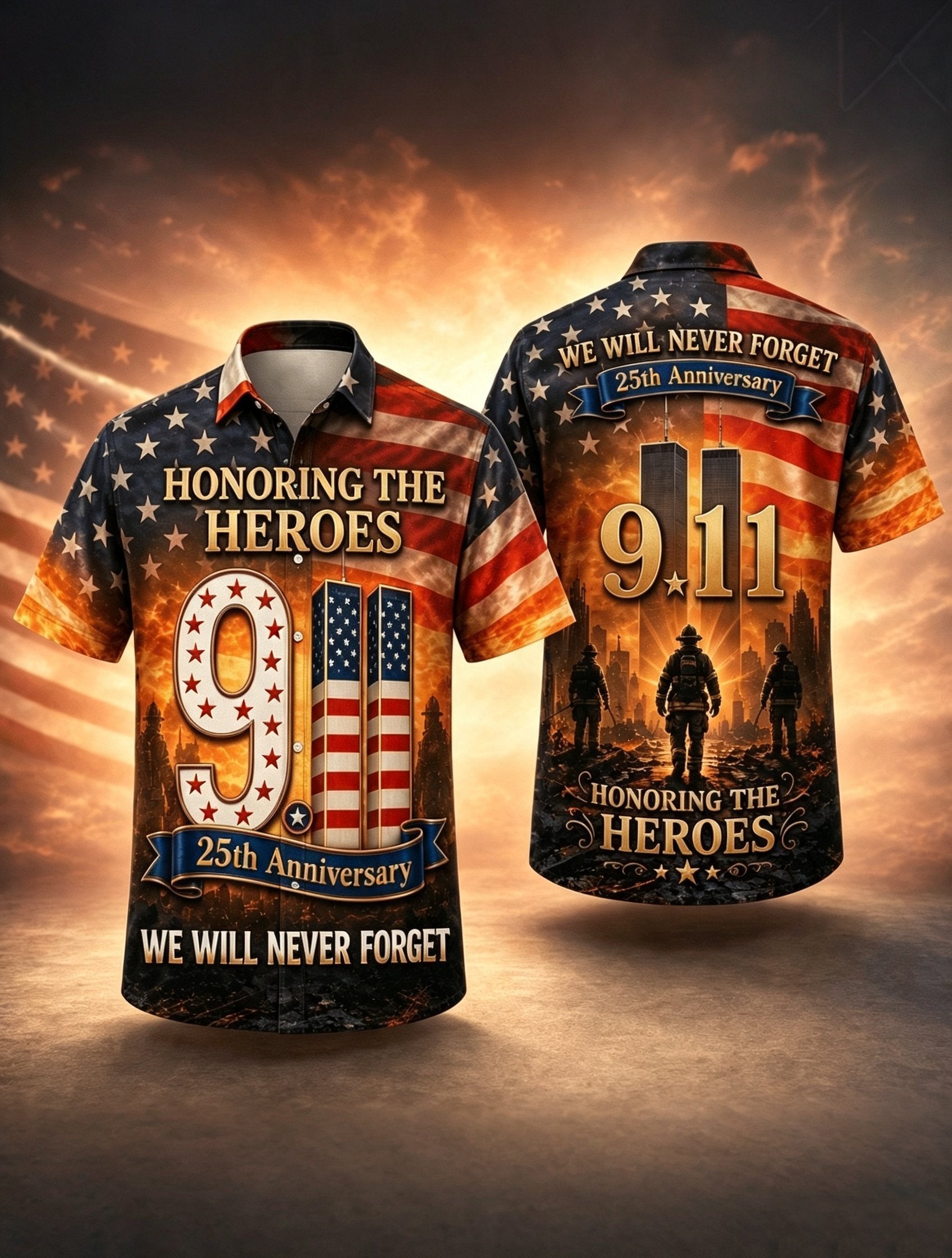 Men's 9.11 Never Forget Print Short Sleeve Hawaiian Shirt