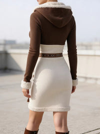 Women's Retro Contrasting Ethnic Style Half-Zip Hooded Bodycon Dress