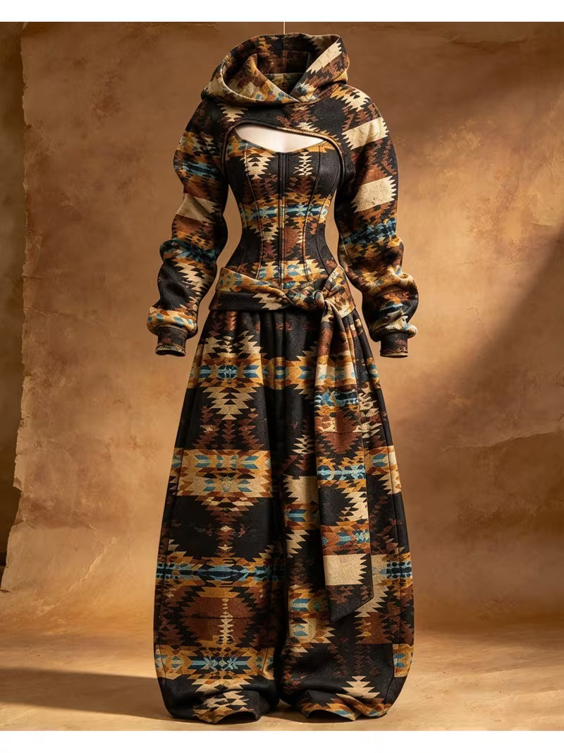 Women's Retro Art Print Long Sleeve Hooded Shrug Tank top Wide Leg Pants 3PCS