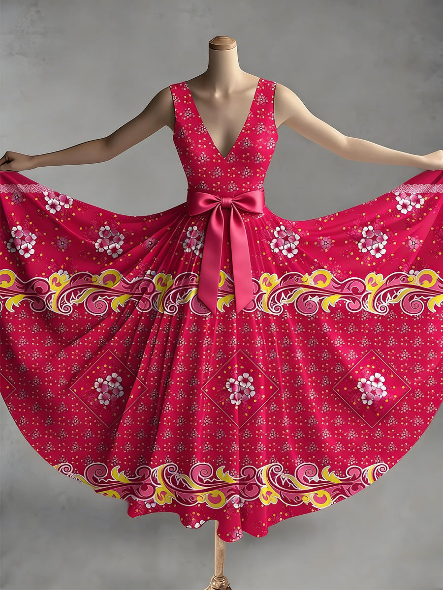 Retro Style Art Print V-Neck Sleeveless Cotton Maxi Dress