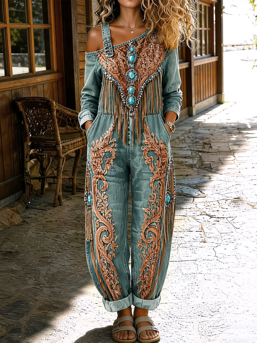 Women's Retro Style Floral Art Print Washed Cotton Denim Patchwork Jumpsuit