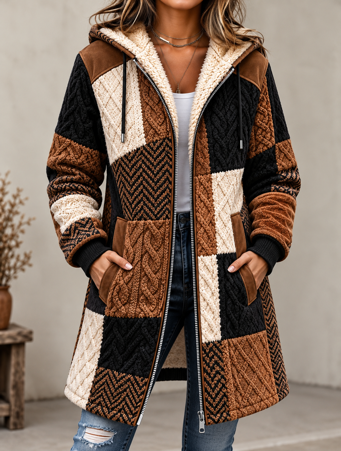 Western Style Color Block Long Sleeve Hoodie Coat