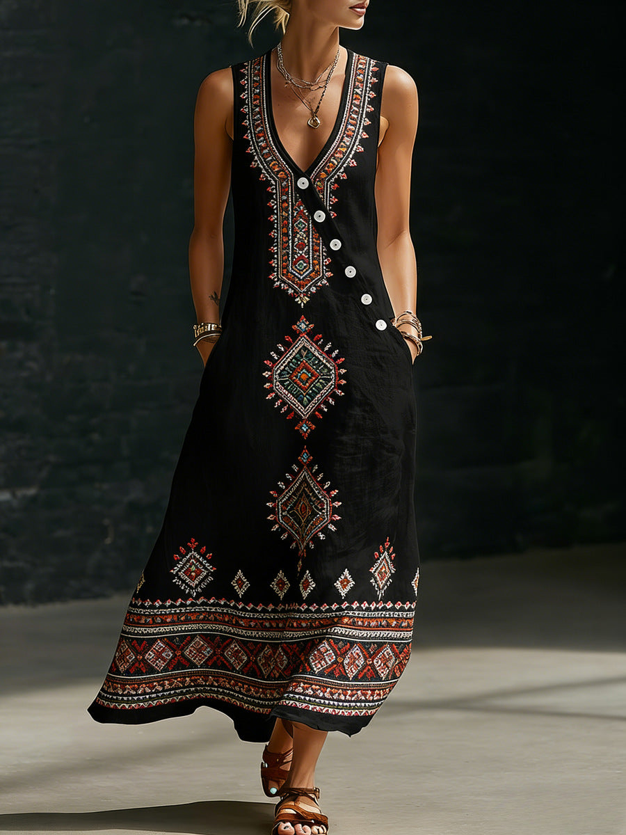 Retro Art Print Button Up Sleeveless Midi Dress