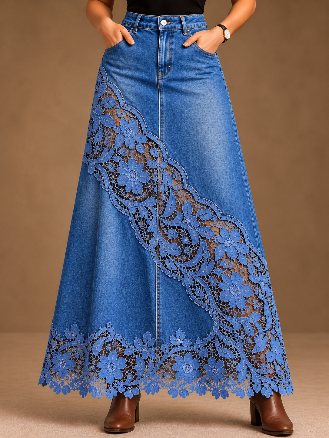 Casual Fashion Denim Lace Floral Skirt