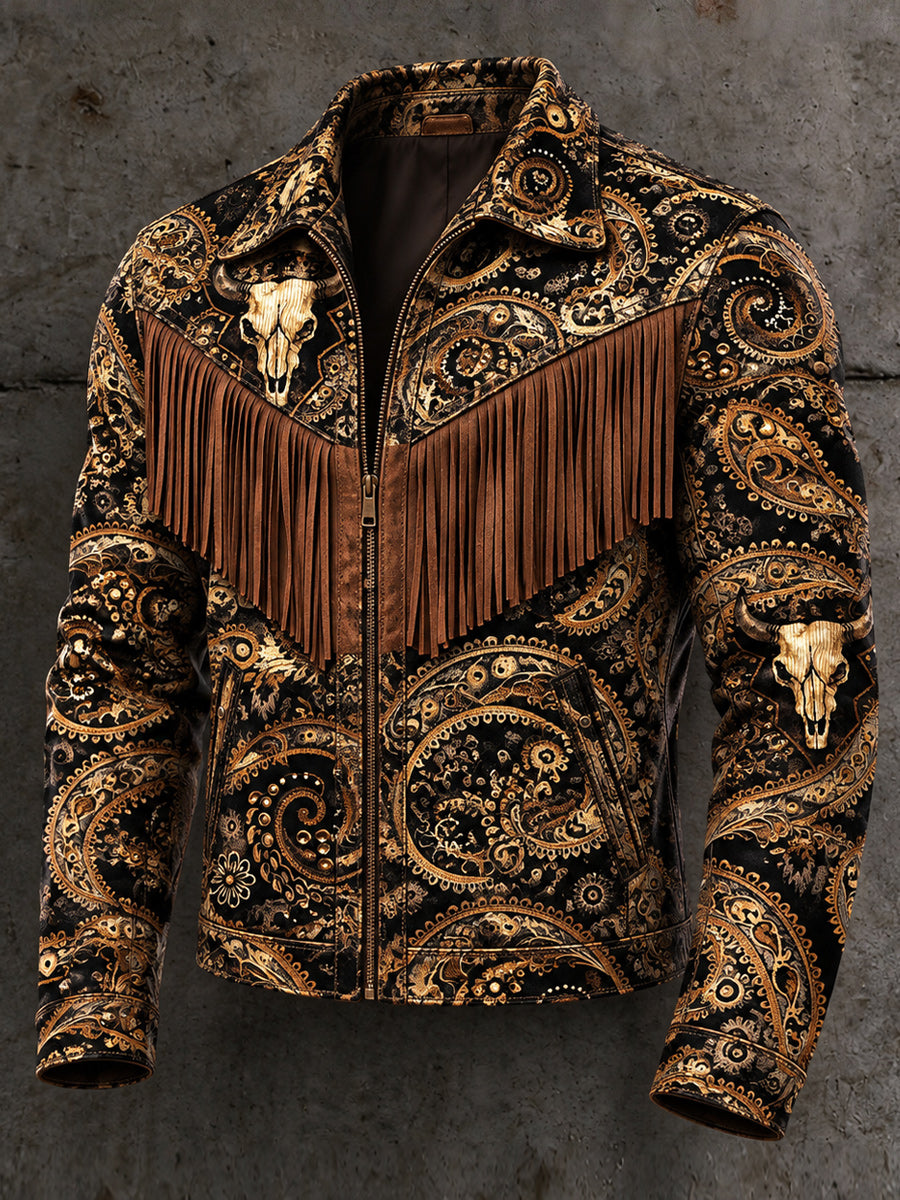 Men's Retro Style Art Print Western Vintage Tassel Casual Zipper Jacket