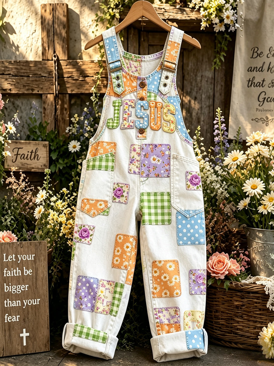 Women's Retro Style Art Print Washed Cotton Denim Patchwork Jumpsuit