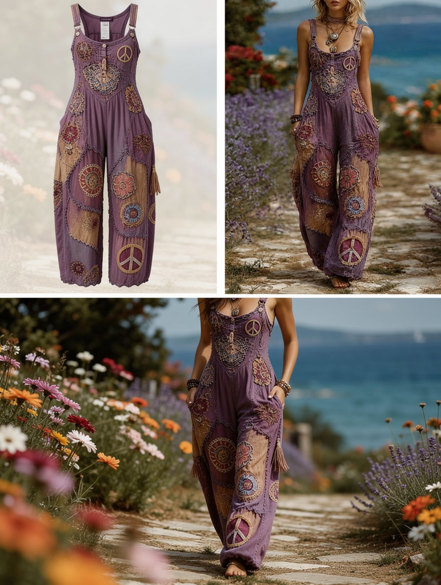 Women's Retro Style Art Print Washed Cotton Denim Patchwork Jumpsuit