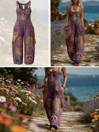 Women's Retro Style Art Print Washed Cotton Denim Patchwork Jumpsuit