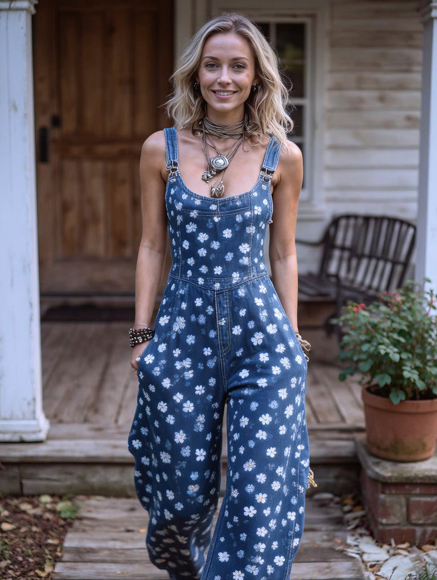 Women's Retro Style Art Print Washed Cotton Denim Patchwork Jumpsuit