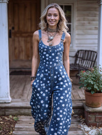 Women's Retro Style Art Print Washed Cotton Denim Patchwork Jumpsuit