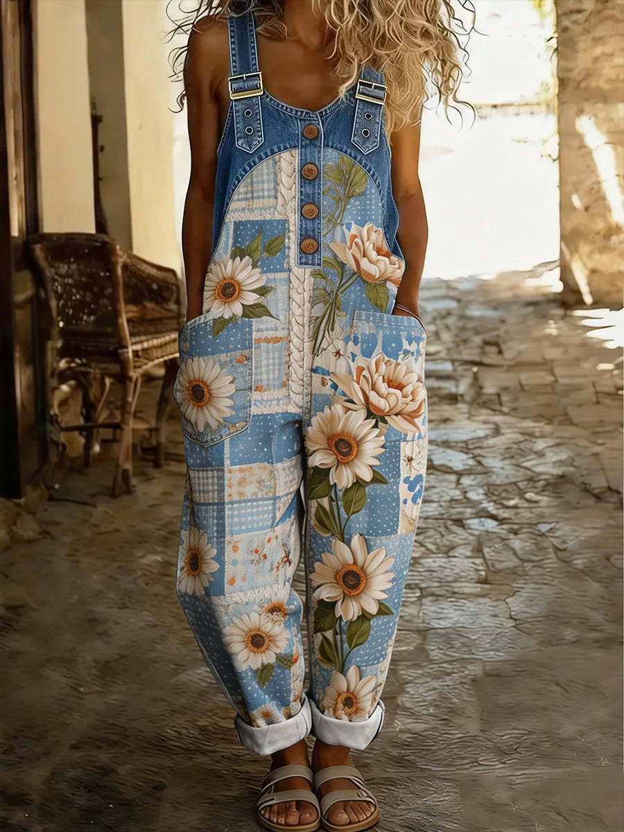 Women's Retro Style Art Print Washed Cotton Denim Patchwork Jumpsuit