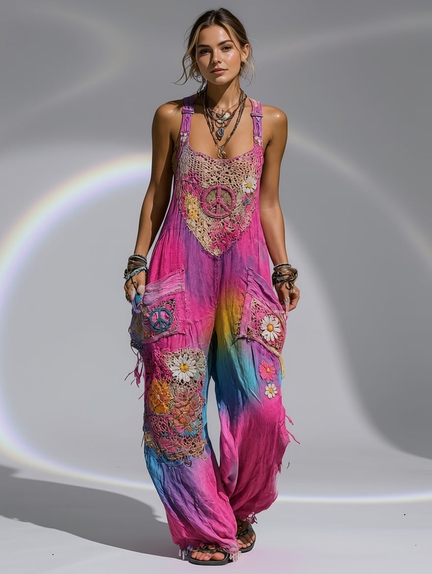 Women's Retro Style Art Print Washed Cotton Denim Patchwork Jumpsuit