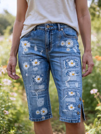 Retro Style Floral Art Print Vintage Casual Denim Shorts