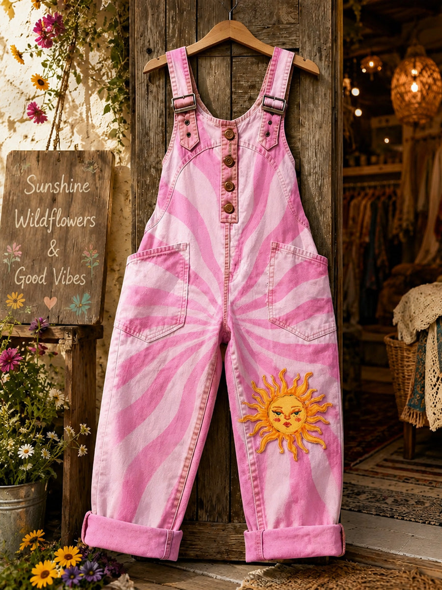 Women's Retro Style Art Print Washed Cotton Denim Patchwork Jumpsuit