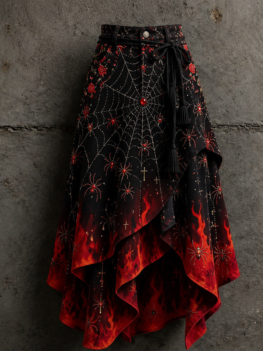 Women's Retro Style Art Print Irregularly Layered Stitched Skirt
