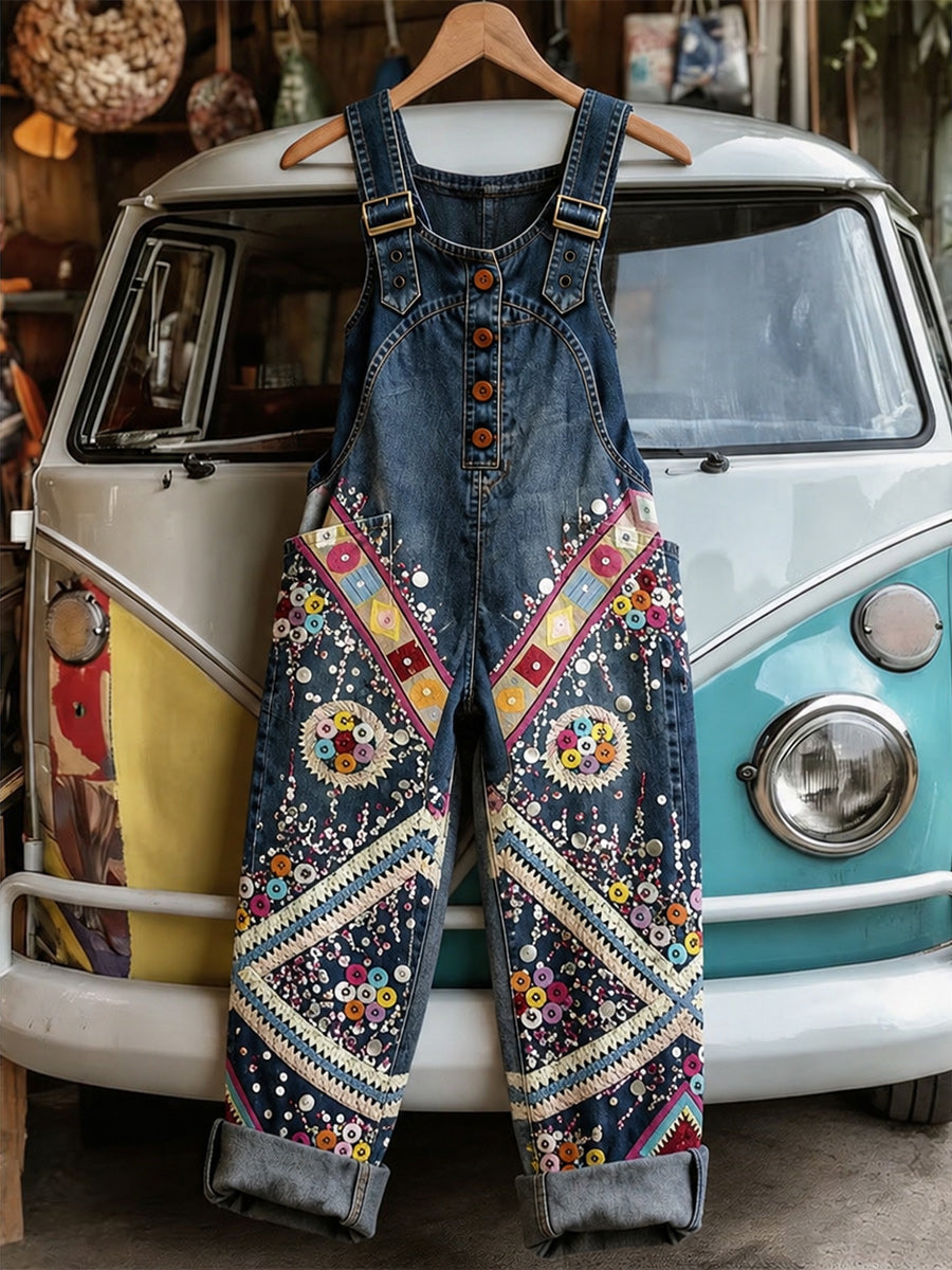 Women's Retro Style Art Print Washed Cotton Denim Patchwork Jumpsuit