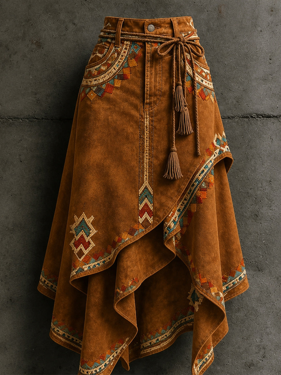 Women's Retro Style Art Print Irregularly Layered Stitched Skirt