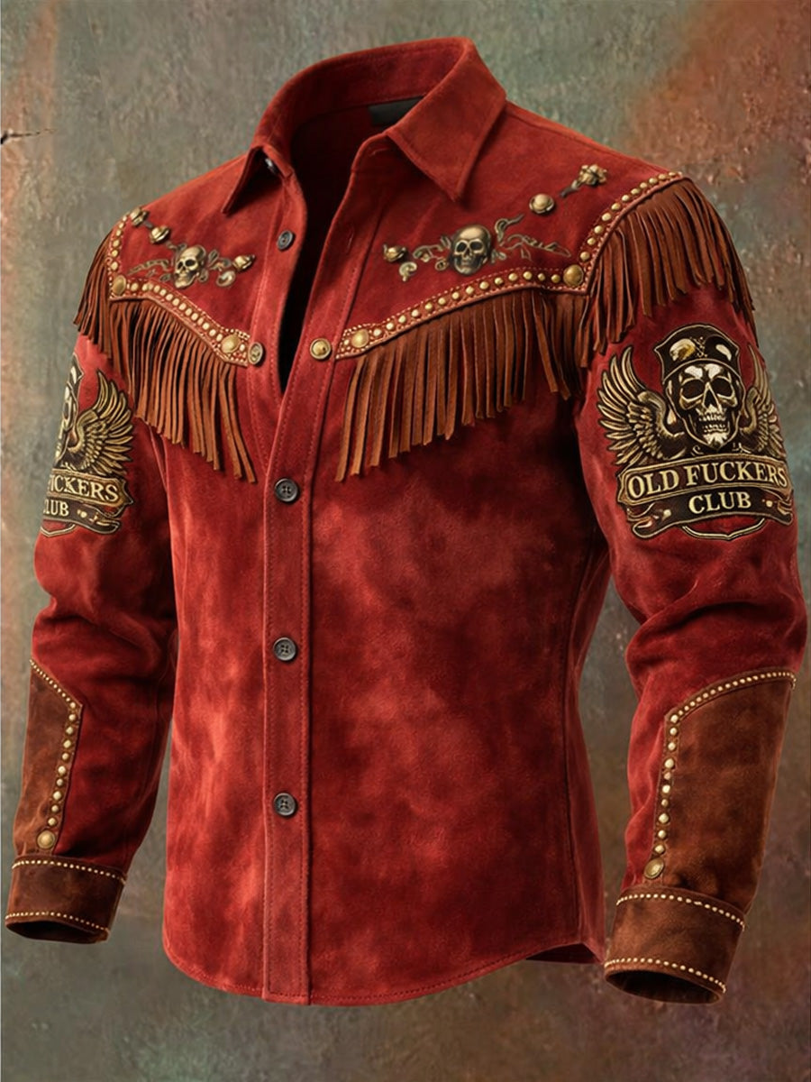 Men's Retro Western Style Print Vintage Tassel Casual Long Sleeve Shirt