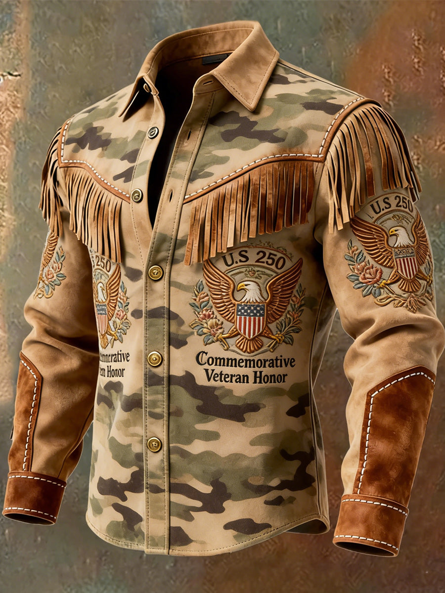 Men's Retro Western Style U.S 250 Commemorative Veteran Print Vintage Tassel Casual Long Sleeve Shirt