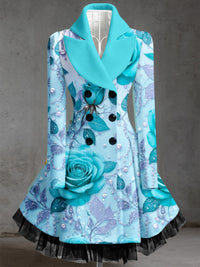Retro Artistic Floral Print Vintage Elegance Lapel Button Up Long Sleeve Coat Dress