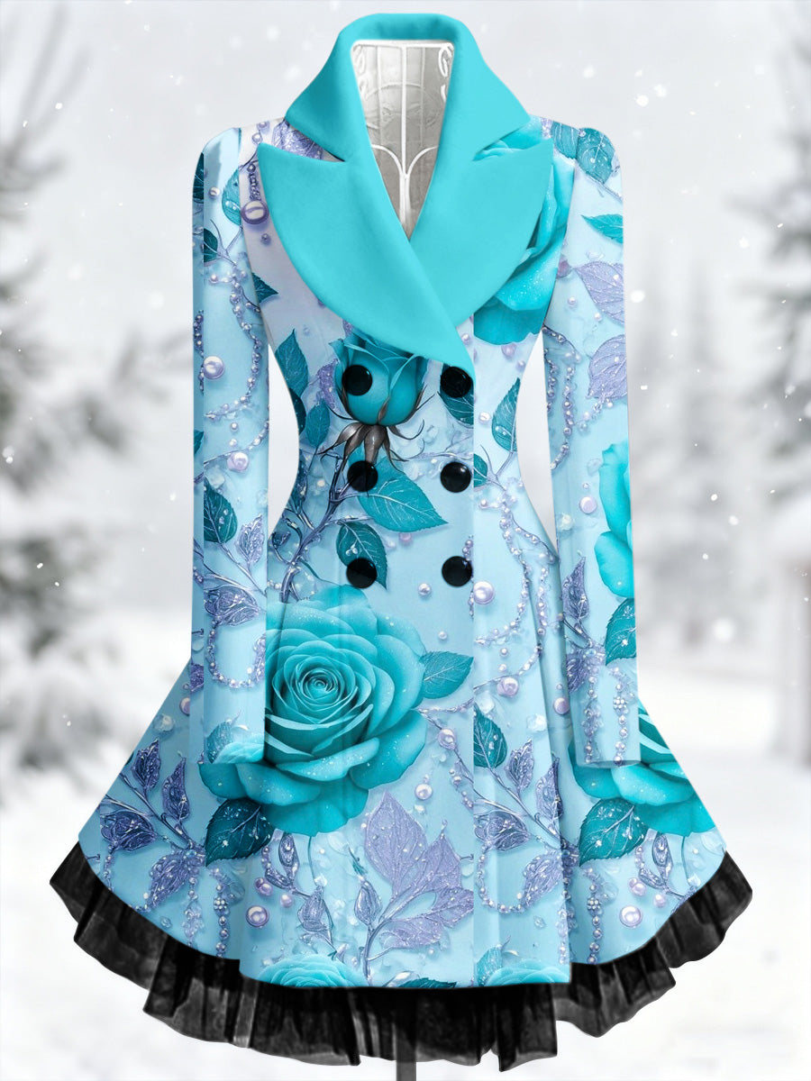 Retro Artistic Floral Print Vintage Elegance Lapel Button Up Long Sleeve Coat Dress