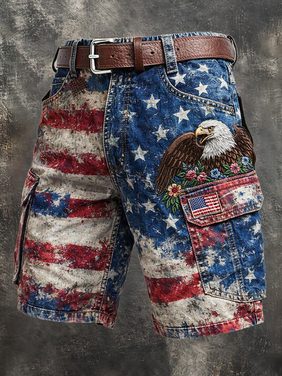 Men's Retro Style USA Flag Art Print Casual Loose Pocket Work Shorts