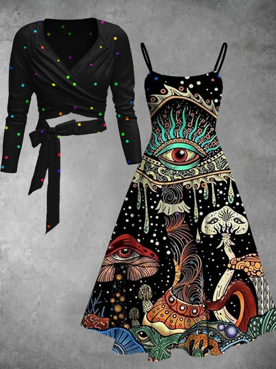 Retro Floral Art Printed Vintage Unique Slim Fit Cross Wrap Long Sleeve Two-Piece Midi Dress