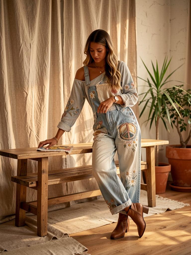 Women's Retro Floral Color-Blocked Art Print Washed Cotton Denim Patchwork Jumpsuit