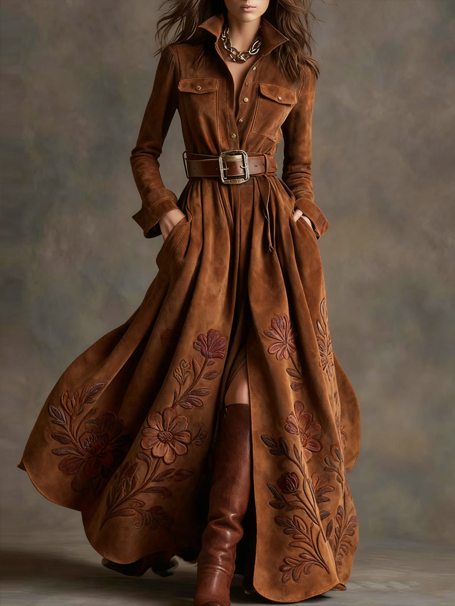 Retro Floral Art Texture Printed V-Neck Vintage Pocket-Style Long Sleeve Maxi Dress