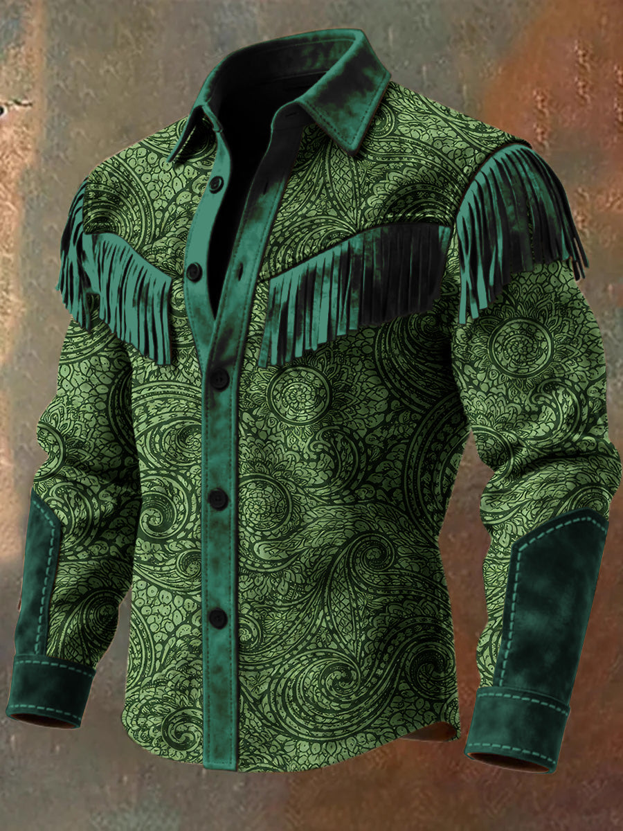 Men's Retro Western Style Art Print Vintage Tassel Casual Long Sleeve Shirt