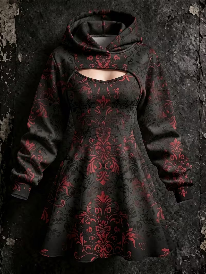 Women's Gothic Art Print Long Sleeve Hooded Shrug Cami A-Line Dress Two Piece Sets