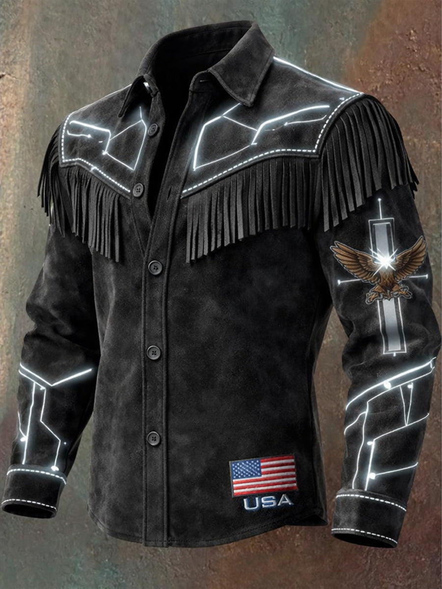 Men's Retro USA Flag Art Print Western Vintage Tassel Casual Long Sleeve Shirt