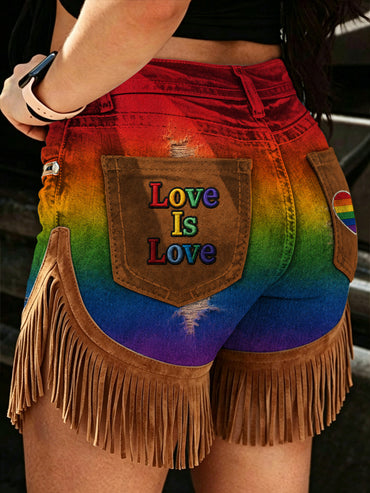 Women's Retro Style Art Print Casual Leather Fringe Patchwork Pocket Shorts