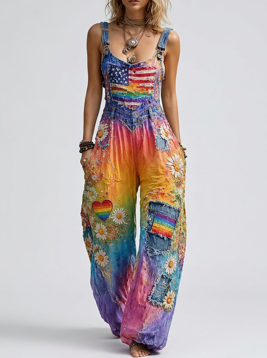 Women's Retro Style Art Print Washed Cotton Denim Patchwork Jumpsuit