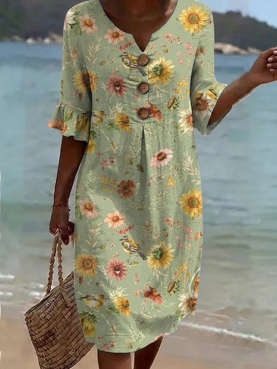 Floral Art Print Short Sleeve Retro Dress