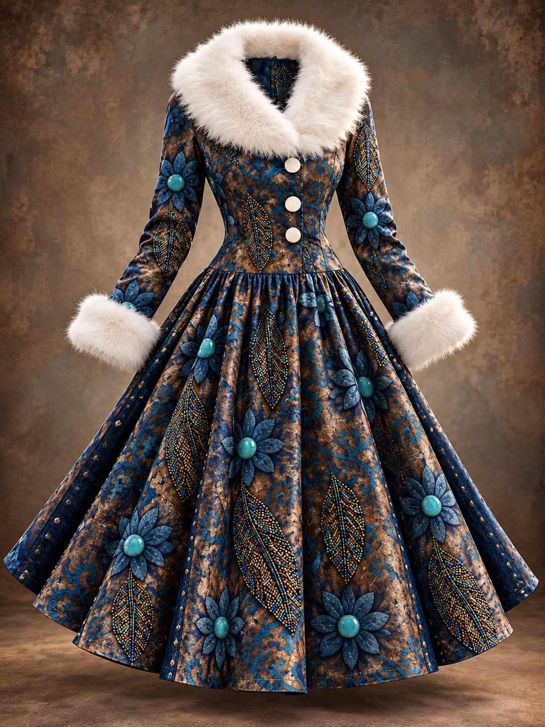 Floral Print Vintage Elegant Fur Collar Long Sleeve Midi Dress
