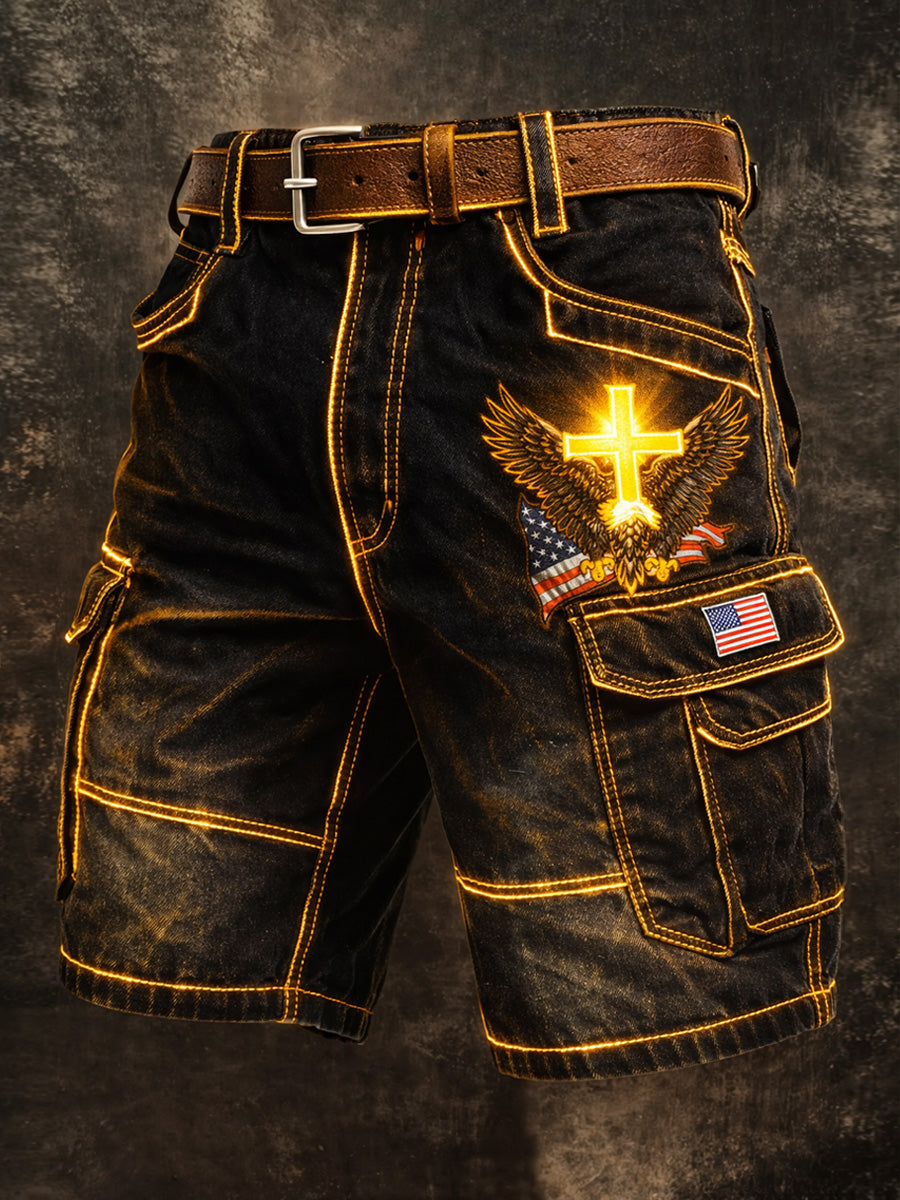 Men's Retro Style USA Flag Art Print Casual Loose Pocket Work Shorts