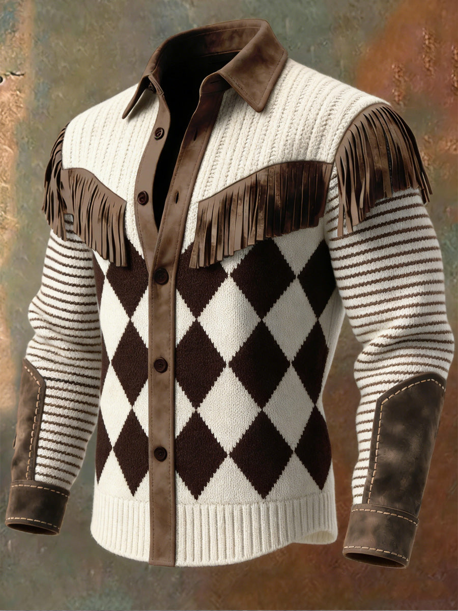 Men's Retro Western Style Art Print Vintage Tassel Casual Long Sleeve Shirt